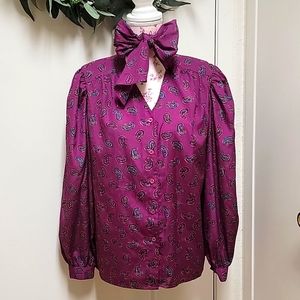 VTG | High Neck Paisley Floppy Print Bow Tie Blouse